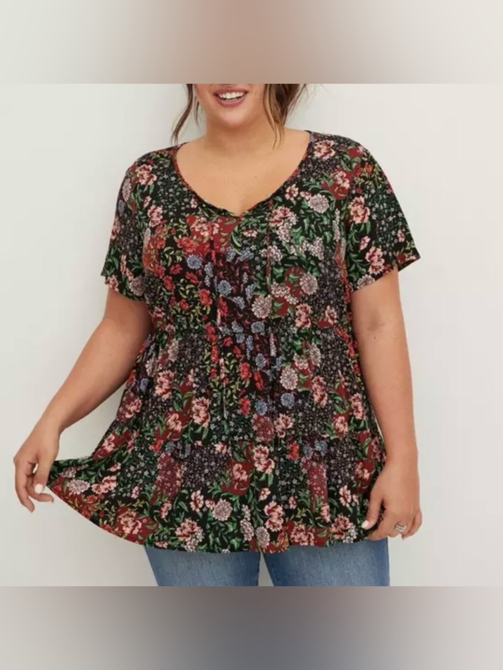 Torrid Black Floral Textured Stretch Babydoll Blouse Size 5X - Picture 2 of 9